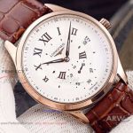 Perfect Replica Longines White Face Rose Gold Case Brown Leather 42mm Men's Watch  